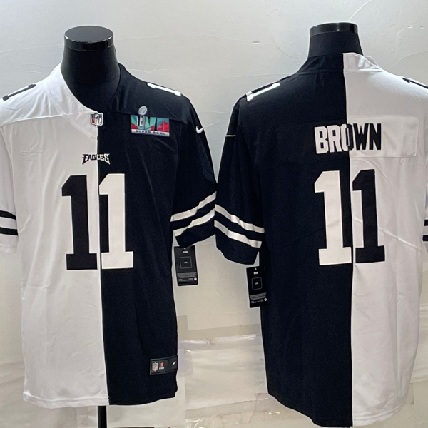 Men’s Philadelphia Eagles #11 A.J. Brown Black & White Split Super Bowl LVII Patch Limited Stitched Jersey