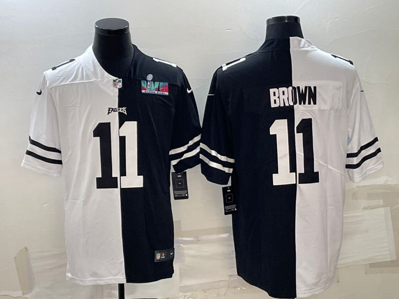 Men’s Philadelphia Eagles #11 A.J. Brown Black & White Split Super Bowl LVII Patch Limited Stitched Jersey