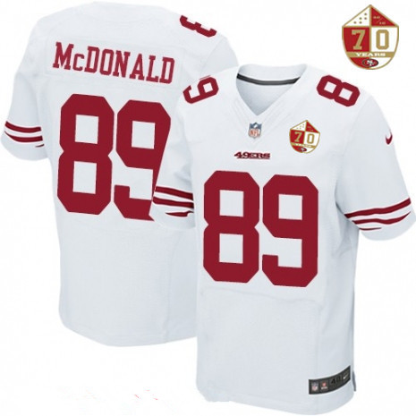 Men’s San Francisco 49ers #89 Vance McDonald White 70th Anniversary Patch Stitched NFL Nike Elite Jersey