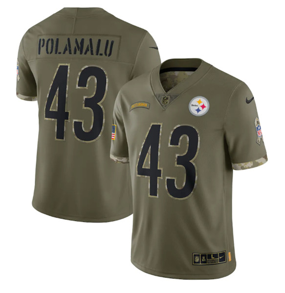 Men’s Pittsburgh Steelers #43 Troy Polamalu 2022 Olive Salute To Service Limited Stitched Jersey