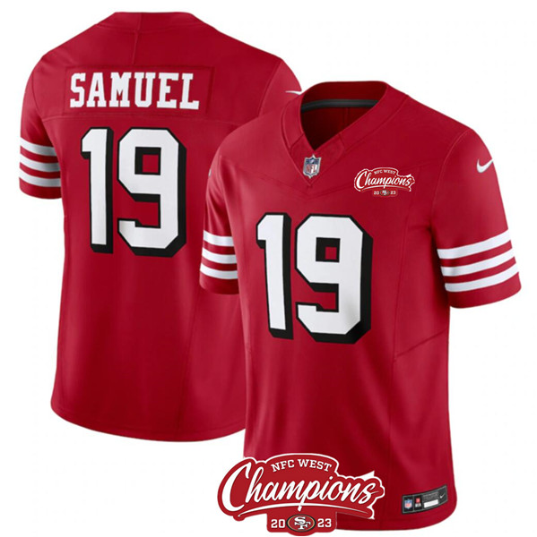 Men’s San Francisco 49ers #19 Deebo Samuel Red 2023 F.U.S.E. NFC West Champions Patch Alternate Football Stitched Jersey