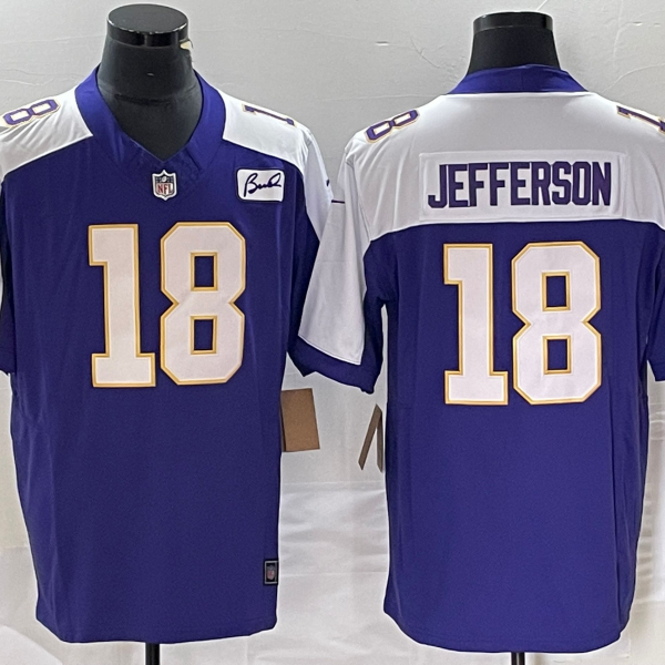 Men’s Minnesota Vikings #18 Justin Jefferson Purple 2023 FUSE Bud Grant Patch Limited Stitched Jersey