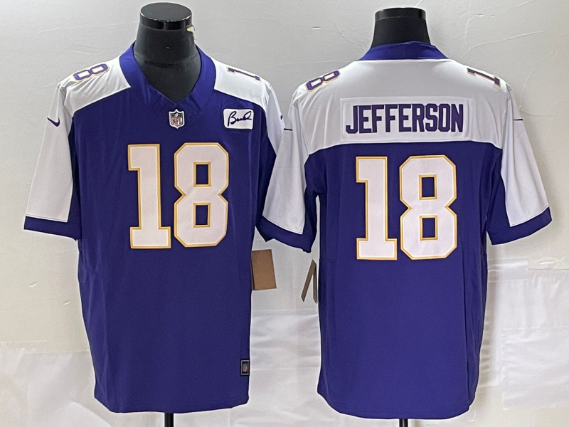 Men’s Minnesota Vikings #18 Justin Jefferson Purple 2023 FUSE Bud Grant Patch Limited Stitched Jersey