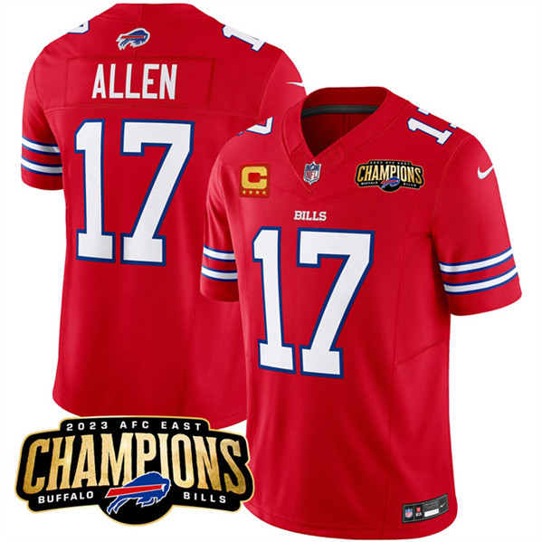 Men’s Buffalo Bills #17 Josh Allen Red 2023 F.U.S.E. AFC East Champions With 4-star C Ptach Football Stitched Jersey