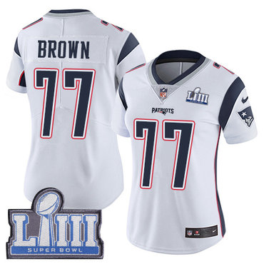 #77 Limited Trent Brown White Nike NFL Road Women’s Jersey New England Patriots Vapor Untouchable Super Bowl LIII Bound