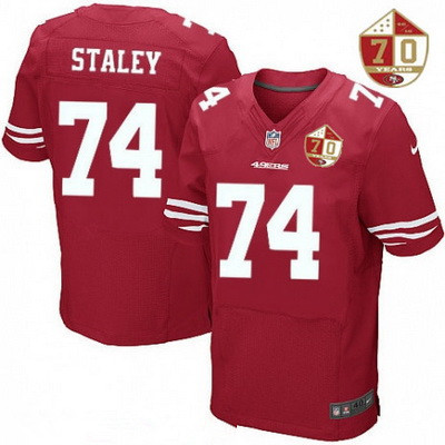 Men’s San Francisco 49ers #74 Joe Staley Scarlet Red 70th Anniversary Patch Stitched NFL Nike Elite Jersey