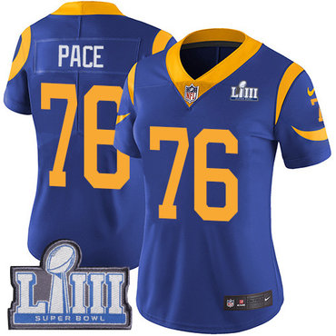#76 Limited Orlando Pace Royal Blue Nike NFL Alternate Women’s Jersey Los Angeles Rams Vapor Untouchable Super Bowl LIII Bound