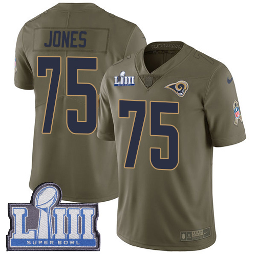 #75 Limited Deacon Jones Olive Nike NFL Men’s Jersey Los Angeles Rams 2017 Salute to Service Super Bowl LIII Bound