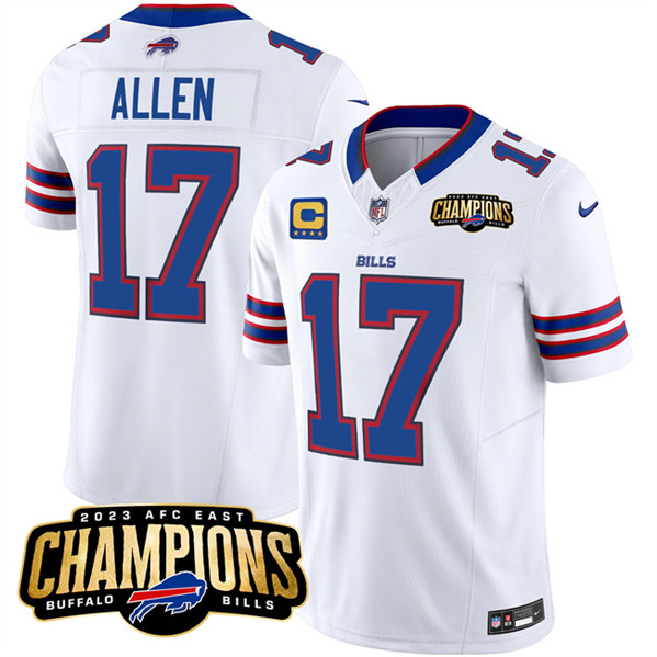 Men’s Buffalo Bills #17 Josh Allen White 2023 F.U.S.E. AFC East Champions With 4-star C Ptach Football Stitched Jersey