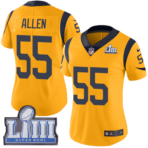 #55 Limited Brian Allen Gold Nike NFL Women’s Jersey Los Angeles Rams Rush Vapor Untouchable Super Bowl LIII Bound