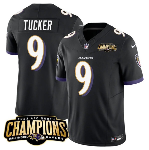 Men’s Baltimore Ravens #9 Justin Tucker Black 2023 F.U.S.E. AFC North Champions Vapor Limited Football Stitched Jersey