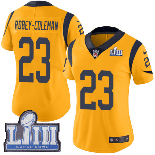 #23 Limited Nickell Robey-Coleman Gold Nike NFL Women’s Jersey Los Angeles Rams Rush Vapor Untouchable Super Bowl LIII Bound