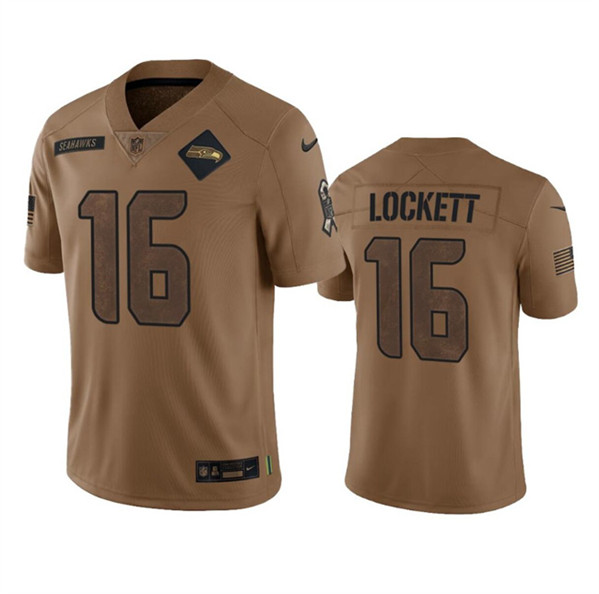 Men’s Seattle Seahawks #16 Tyler Lockett 2023 Brown Salute To Service Limited Football Stitched Jersey