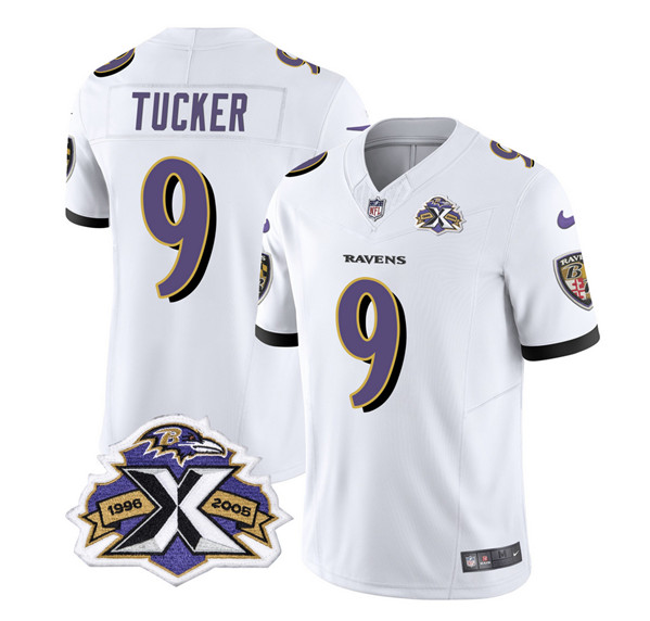 Men’s Baltimore Ravens #9 Justin Tucker White 2023 F.U.S.E With Patch Throwback Vapor Limited Stitched Jersey