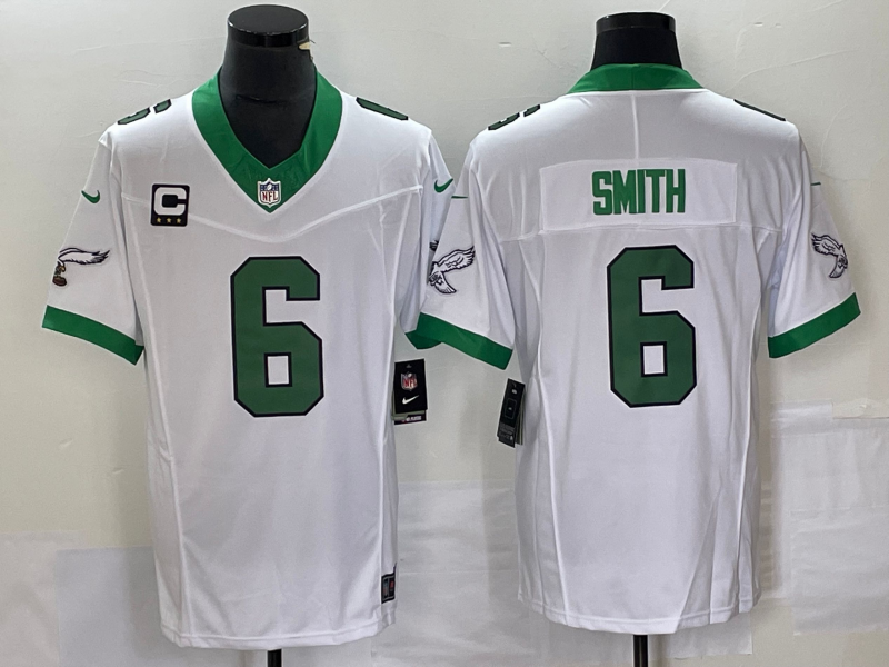 Men’s Philadelphia Eagles #6 DeVonta Smith White 2023 F.U.S.E. With C Patch Vapor Untouchable Stitched Football Jersey