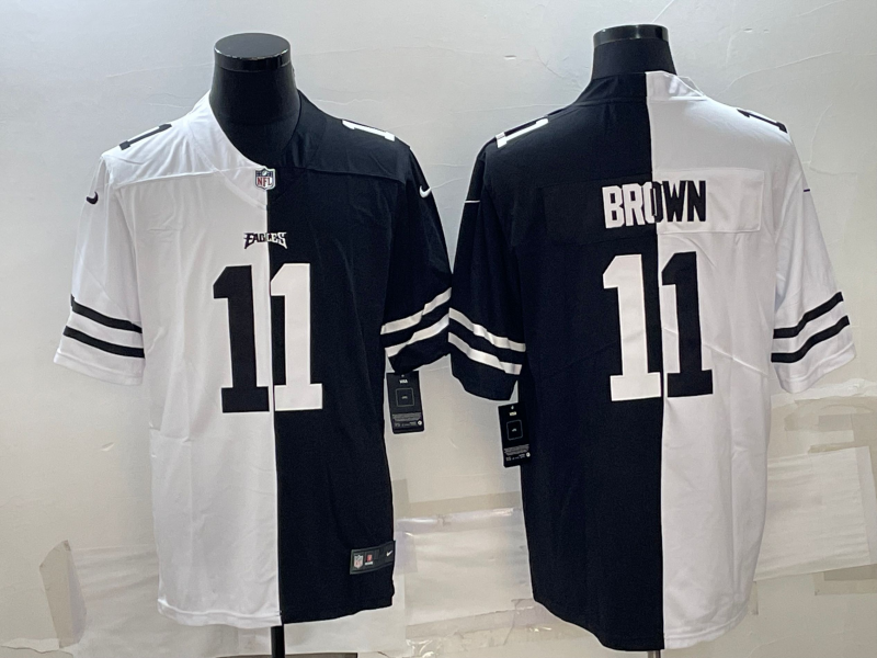 Men’s Philadelphia Eagles #11 A.J. Brown Black & White Split Limited Stitched Jersey