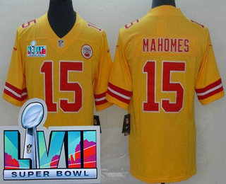 Men’s Kansas City Chiefs #15 Patrick Mahomes Limited Yellow Inverted Super Bowl LVII Vapor Jersey