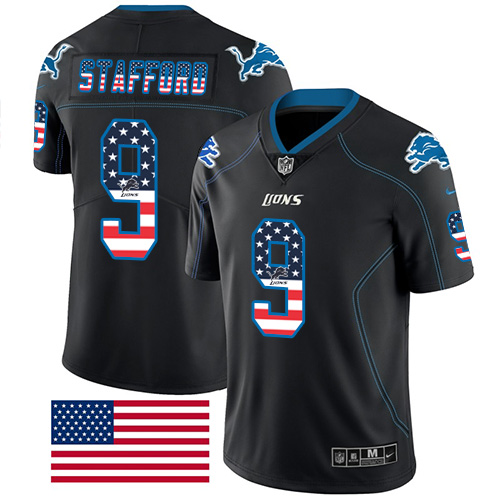 Nike Lions #9 Matthew Stafford Black Men’s Stitched NFL Limited Rush USA Flag Jersey