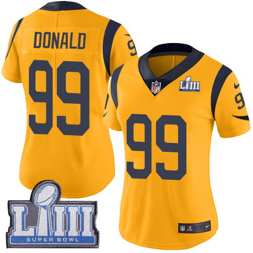 Women’s Los Angeles Rams #99 Aaron Donald Gold Nike NFL Rush Vapor Untouchable Super Bowl LIII Bound Limited Jersey