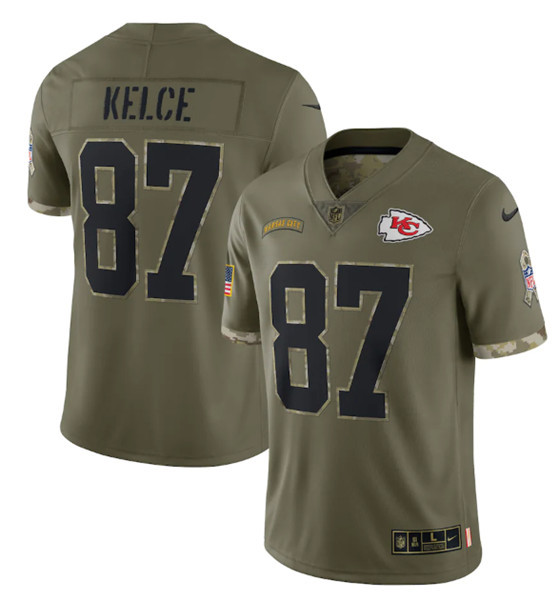 Men’s Kansas City Chiefs #87 Travis Kelce 2022 Olive Salute To Service Limited Stitched Jersey