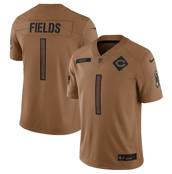 Men’s Chicago Bears #1 Justin Fields 2023 Brown Salute To Service Limited Football Stitched Jersey