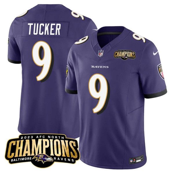 Men’s Baltimore Ravens #9 Justin Tucker Purple 2023 F.U.S.E. AFC North Champions Vapor Limited Football Stitched Jersey