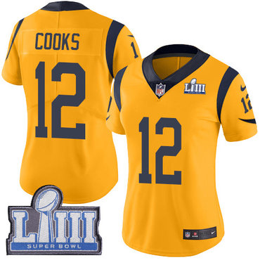 #12 Limited Brandin Cooks Gold Nike NFL Women’s Jersey Los Angeles Rams Rush Vapor Untouchable Super Bowl LIII Bound