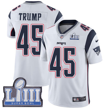 #45 Limited Donald Trump White Nike NFL Road Men’s Jersey New England Patriots Vapor Untouchable Super Bowl LIII Bound