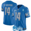 Men’s Detroit Lions #14 Amon-Ra St. Brown Blue 2023 90th Anniversary North Division Champions Patch Limited Stitched Jersey