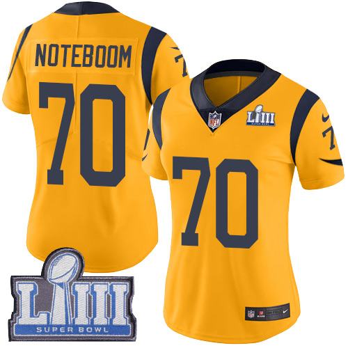 #70 Limited Joseph Noteboom Gold Nike NFL Women’s Jersey Los Angeles Rams Rush Vapor Untouchable Super Bowl LIII Bound