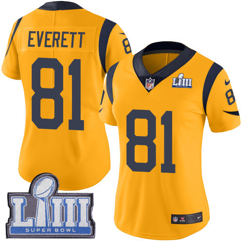 #81 Limited Gerald Everett Gold Nike NFL Women’s Jersey Los Angeles Rams Rush Vapor Untouchable Super Bowl LIII Bound