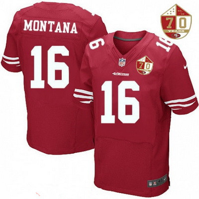 Men’s San Francisco 49ers #16 Joe Montana Scarlet Red 70th Anniversary Patch Stitched NFL Nike Elite Jersey
