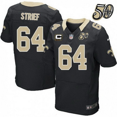 Men’s New Orleans Saints #64 Zach Strief Black 50th Season Patch Stitched NFL Nike Elite Jersey with C Patch