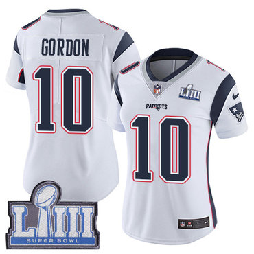 #10 Limited Josh Gordon White Nike NFL Road Women’s Jersey New England Patriots Vapor Untouchable Super Bowl LIII Bound
