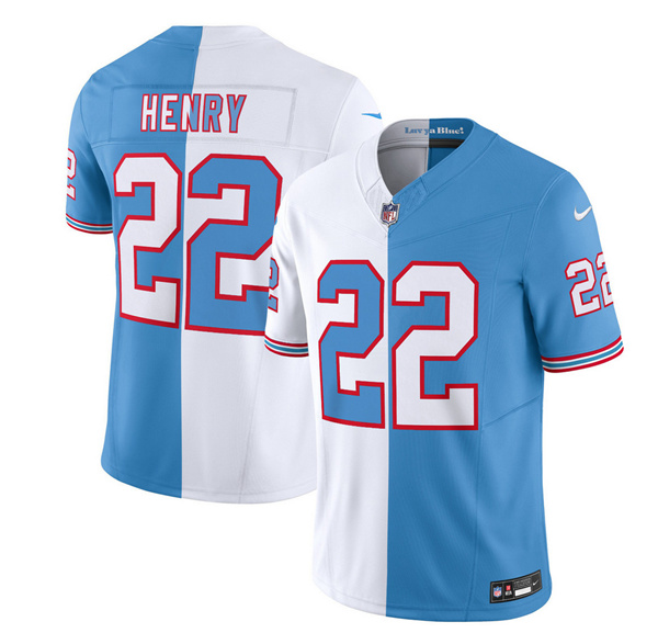 Men’s Tennessee Titans #22 Derrick Henry White Blue 2023 F.U.S.E. Split Vapor Limited Throwback Football Stitched Jersey