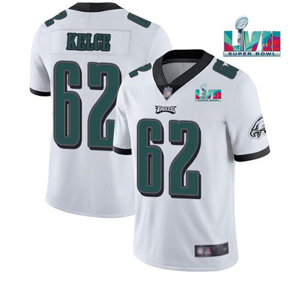 Men’s Philadelphia Eagles #62 Jason Kelce White Super Bowl LVII Patch Vapor Untouchable Limited Stitched Jersey