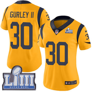 #30 Limited Todd Gurley Gold Nike NFL Women’s Jersey Los Angeles Rams Rush Vapor Untouchable Super Bowl LIII Bound