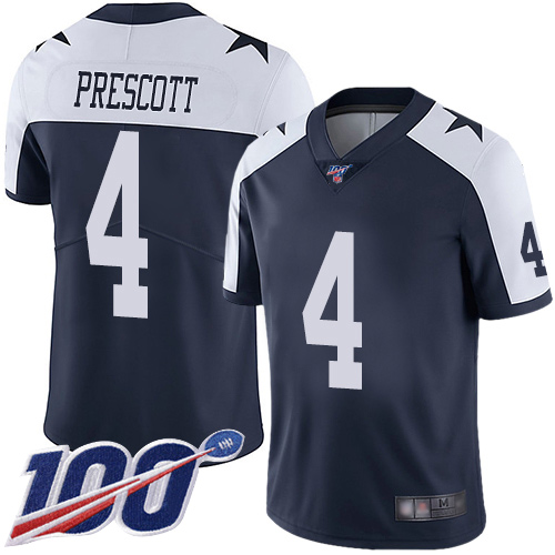 Cowboys #4 Dak Prescott Navy Blue Thanksgiving Men’s Stitched Football 100th Season Vapor Throwback Limited Jersey
