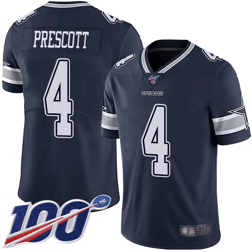 Cowboys #4 Dak Prescott Navy Blue Team Color Men’s Stitched Football 100th Season Vapor Limited Jersey