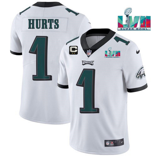 Men’s Philadelphia Eagles #1 Jalen Hurts White Super Bowl LVII Patch And 2-star C Patch Vapor Untouchable Limited Stitched Jersey