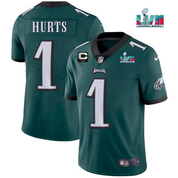 Men’s Philadelphia Eagles #1 Jalen Hurts Green Super Bowl LVII Patch And 2-star C Patch Vapor Untouchable Limited Stitched Jersey