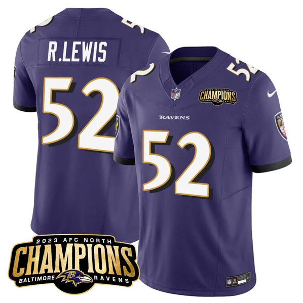 Men’s Baltimore Ravens #52 Ray Lewis Purple 2023 F.U.S.E. AFC North Champions Vapor Limited Football Stitched Jersey