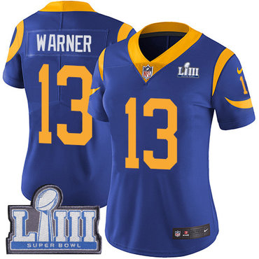 #13 Limited Kurt Warner Royal Blue Nike NFL Alternate Women’s Jersey Los Angeles Rams Vapor Untouchable Super Bowl LIII Bound