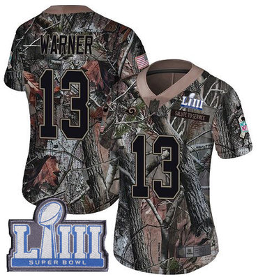#13 Limited Kurt Warner Camo Nike NFL Women’s Jersey Los Angeles Rams Rush Realtree Super Bowl LIII Bound