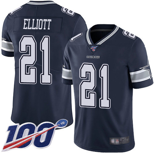 Cowboys #21 Ezekiel Elliott Navy Blue Team Color Men’s Stitched Football 100th Season Vapor Limited Jersey
