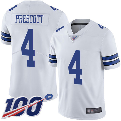 Cowboys #4 Dak Prescott White Men’s Stitched Football 100th Season Vapor Limited Jersey