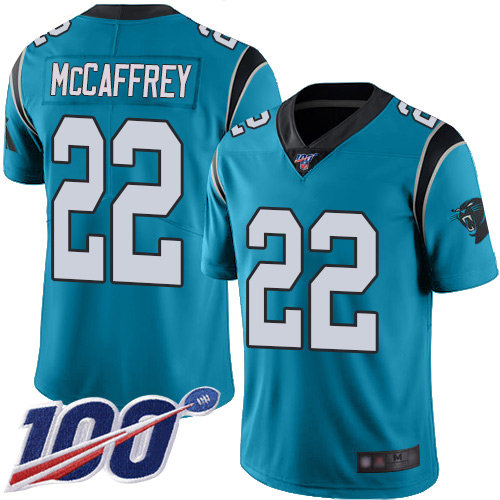 Panthers #22 Christian McCaffrey Blue Alternate Men’s Stitched Football 100th Season Vapor Limited Jersey