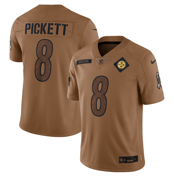 Men’s Pittsburgh Steelers #8 Kenny Pickett 2023 Brown Salute To Service Limited Football Stitched Jersey