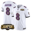 Men’s Baltimore Ravens #8 Lamar Jackson White 2023 F.U.S.E. AFC North Champions Vapor Limited Football Stitched Jersey