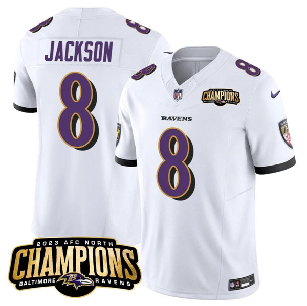 Men’s Baltimore Ravens #8 Lamar Jackson White 2023 F.U.S.E. AFC North Champions Vapor Limited Football Stitched Jersey